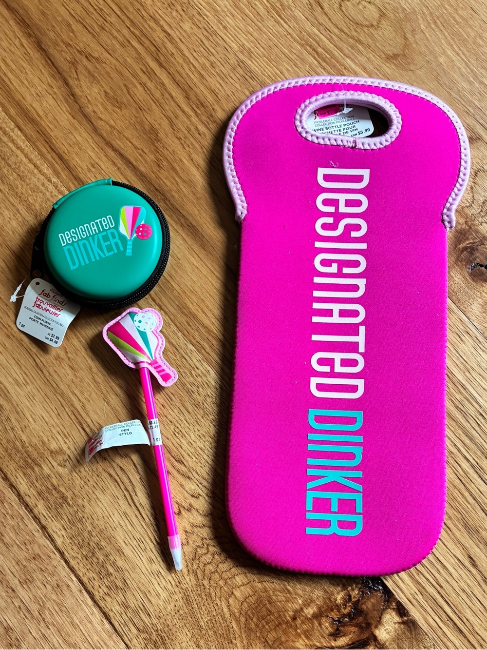 Pickleball player gifts Pink Neoprene Bottle Carrier and Accessory Set pen